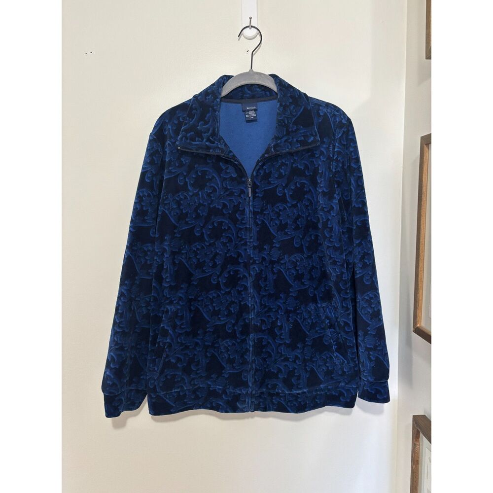 Basic Editions Blue Black Flocked‎ Zip Up Jacket Velour Size L Burnout Velvet